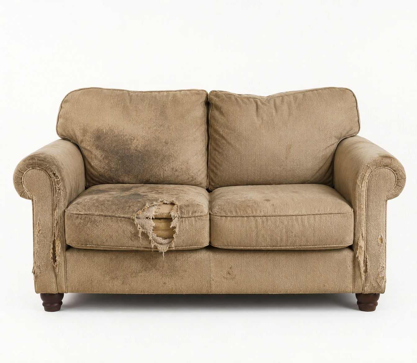 Heavily worn and torn fabric sofa with visible dirt, stains and damaged cushions before restoration