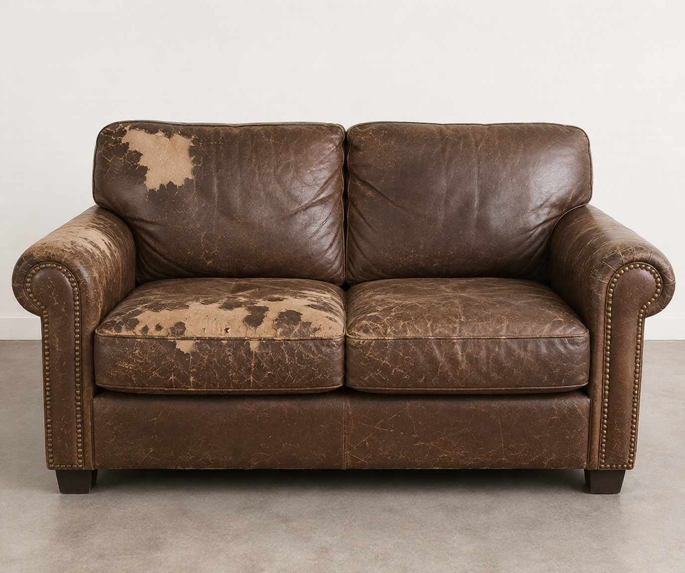 Old, dirty, visibly worn leatherette sofa with sagging cushions before professional repair
