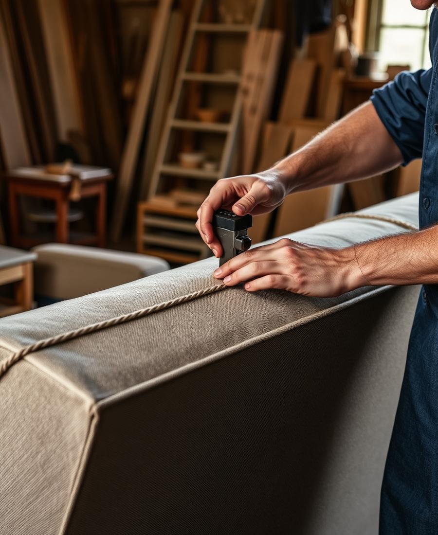 Craftsman fitting new upholstery fabric on a sofa in Noida workshop