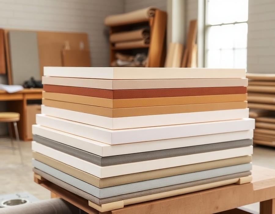 High-density foam sheets and fabric swatches used for sofa repair