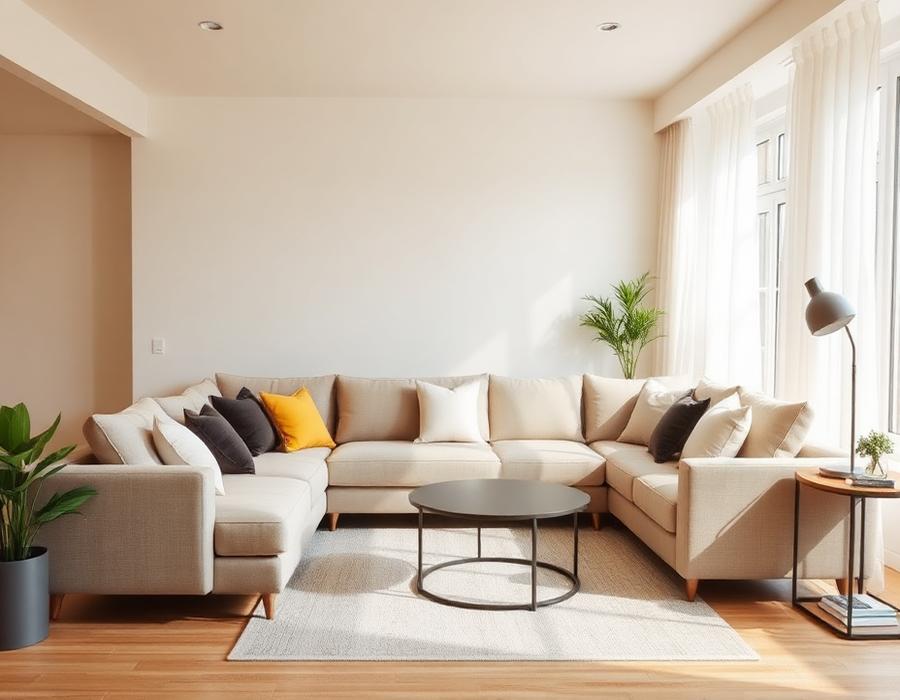 Restored L-shaped fabric sofa in a Noida living room